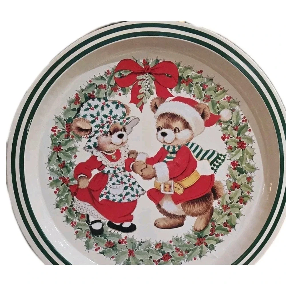 Vintage Christmas Holiday Serving Tray With  2 Bears, Red‎ Bow Cottagecore 1984